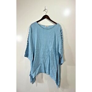 Terzo Millennio Women's Linen Tunic Blouse Sz 2X Blue Crochet Detail Beach Vacay